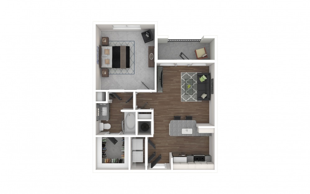 A1 - 1 bedroom floorplan layout with 1 bath and 661 square feet. (3D Furnished)