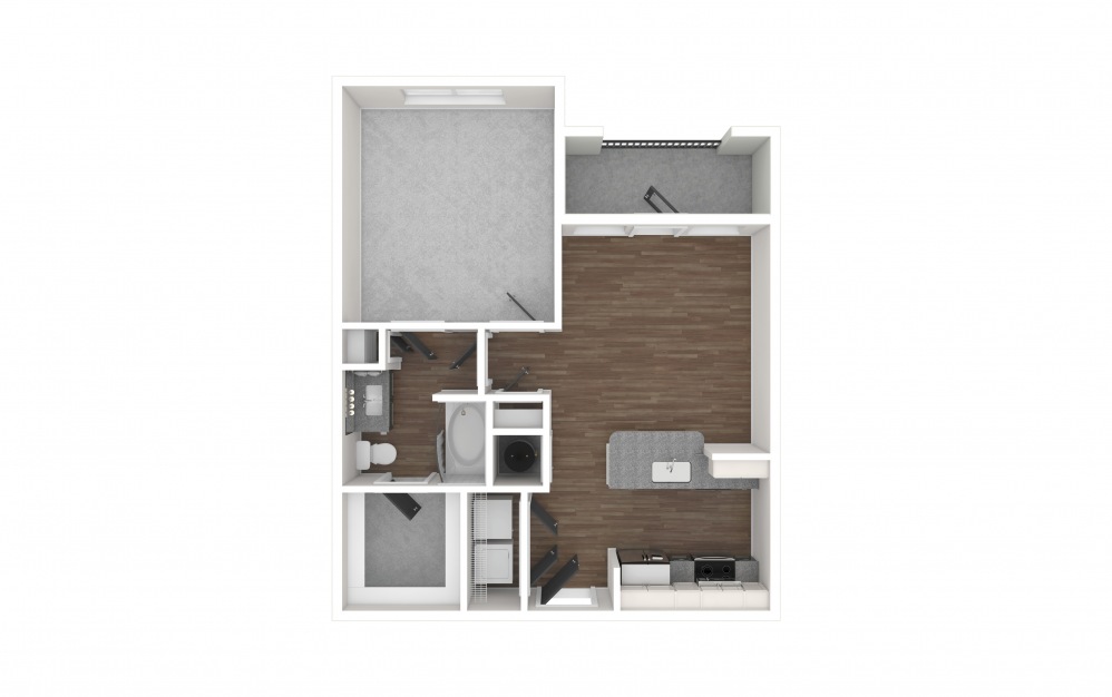 A1 - 1 bedroom floorplan layout with 1 bath and 661 square feet. (3D Unfurnished)