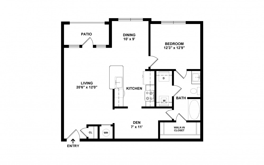A3 - 1 bedroom floorplan layout with 1 bath and 984 square feet. (2D)