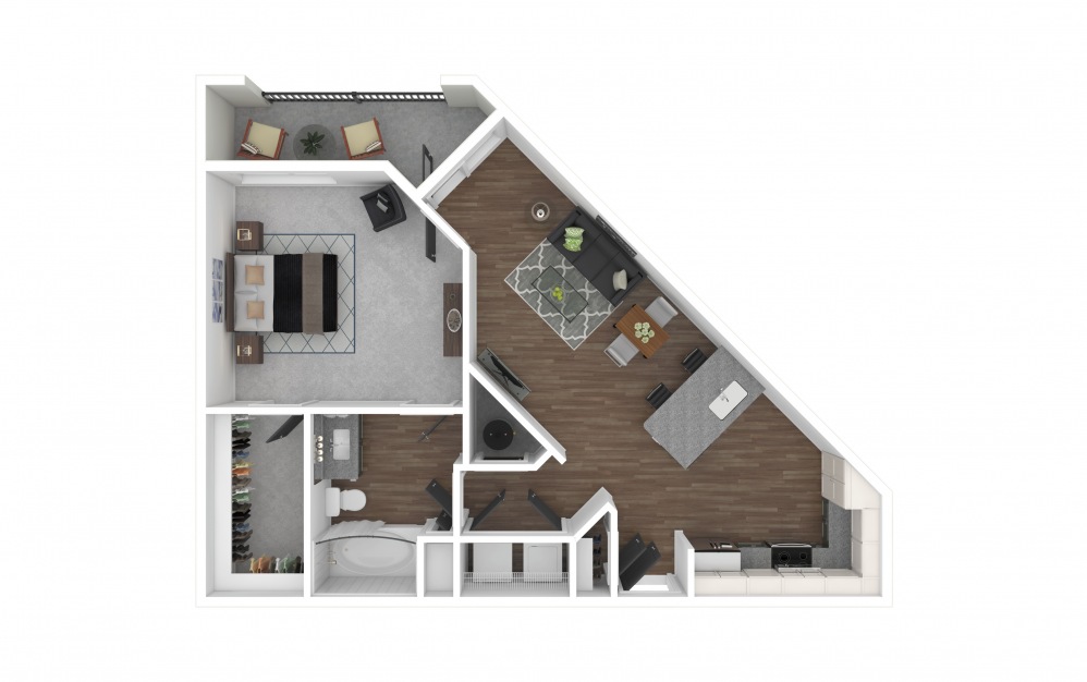 A2 - 1 bedroom floorplan layout with 1 bath and 815 square feet. (3D Furnished)