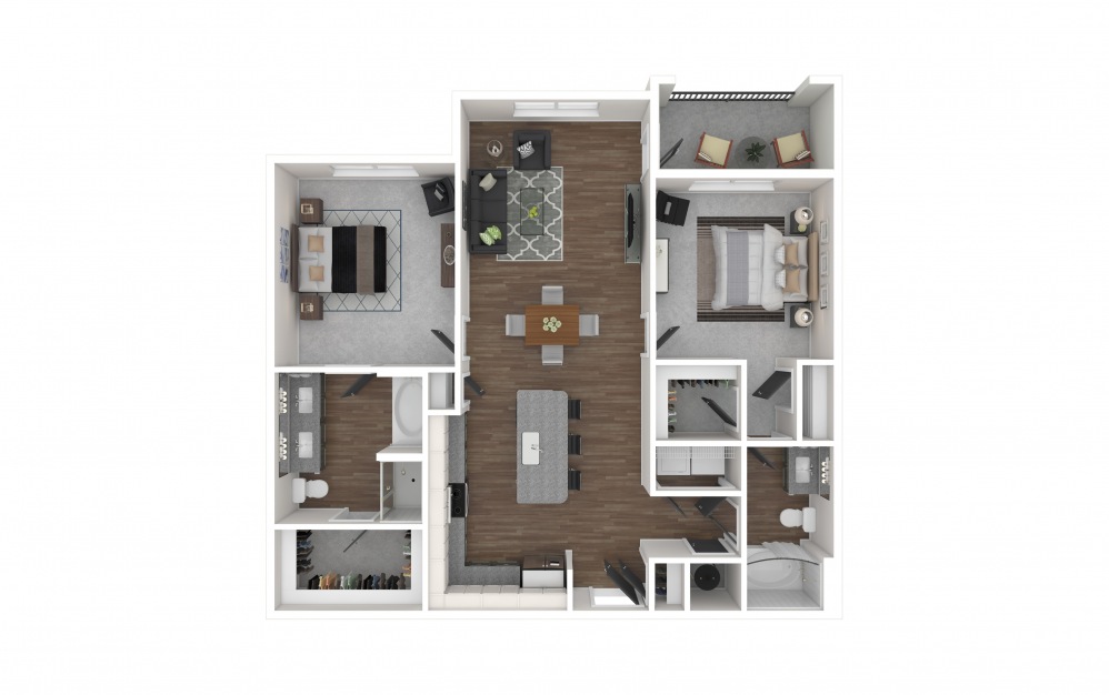 B2 - 2 bedroom floorplan layout with 2 baths and 1204 square feet. (3D Furnished)
