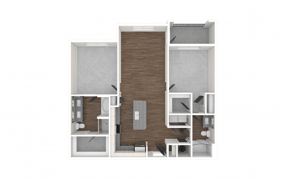 B2 - 2 bedroom floorplan layout with 2 baths and 1204 square feet. (3D Unfurnished)