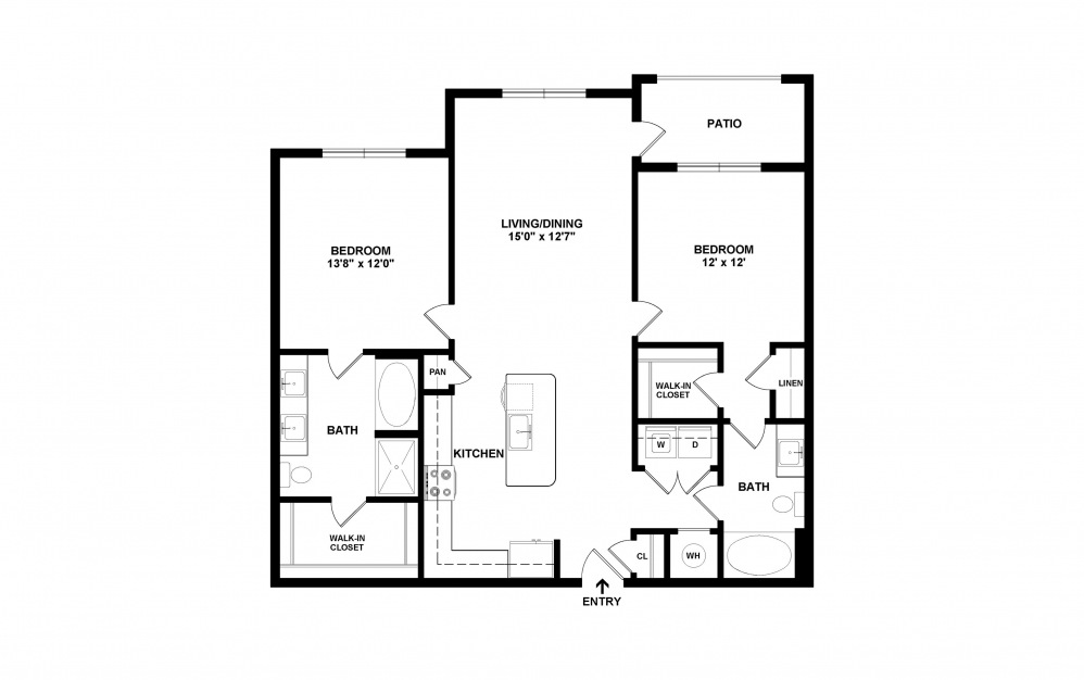 B2 - 2 bedroom floorplan layout with 2 baths and 1204 square feet. (2D)