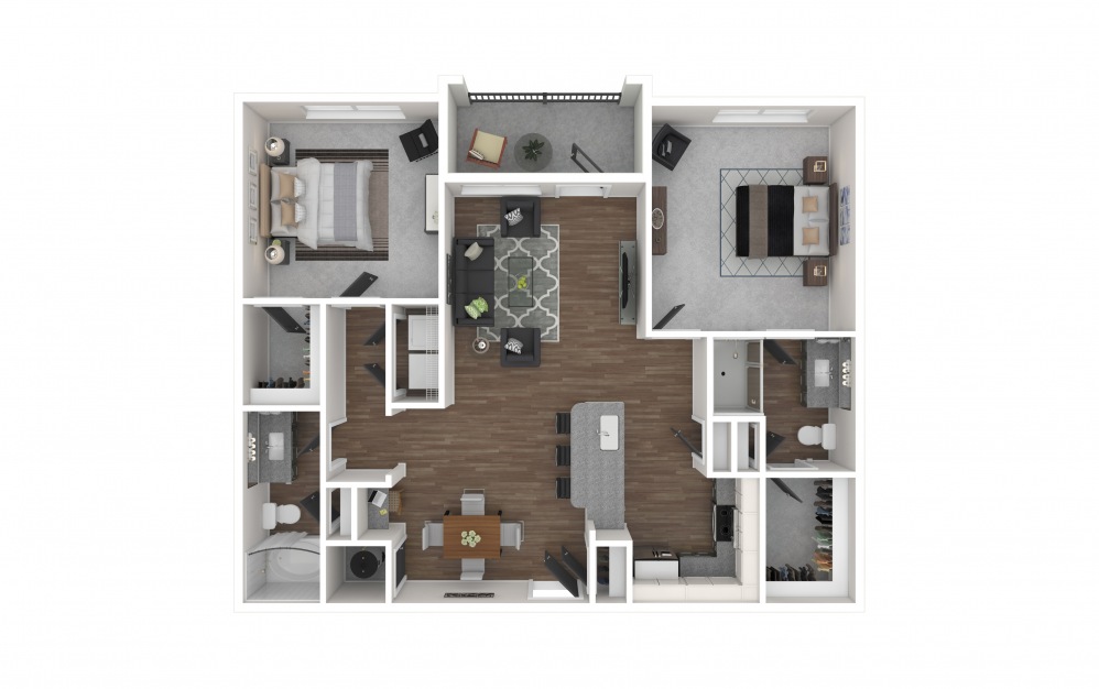 B1 - 2 bedroom floorplan layout with 2 baths and 1097 square feet. (3D Furnished)