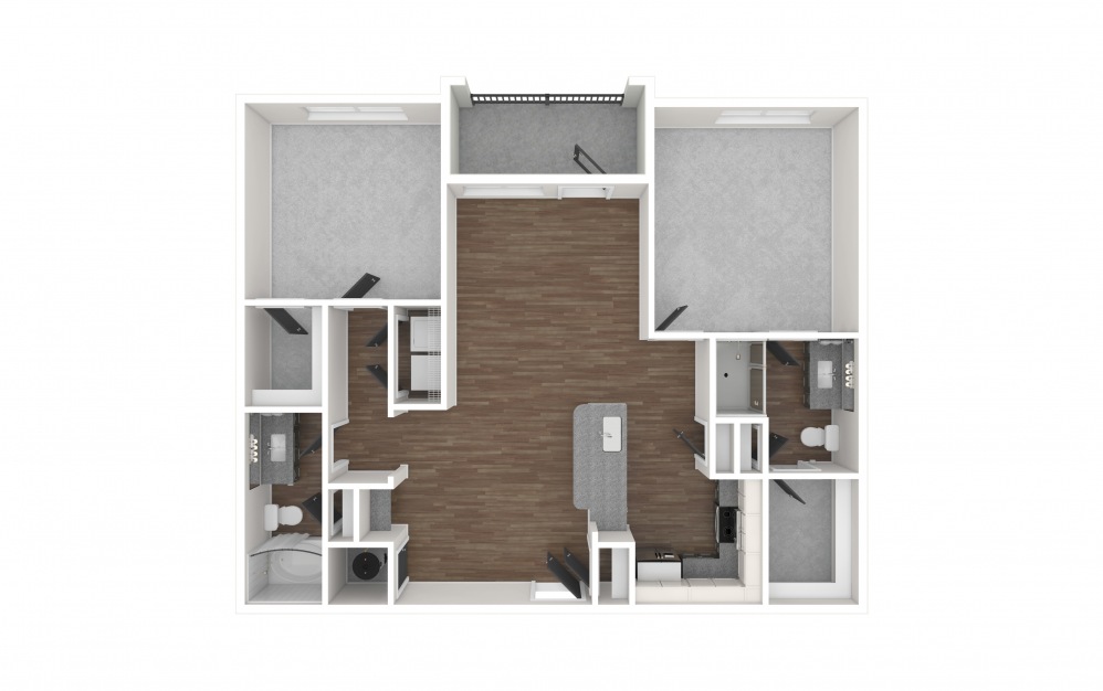 B1 - 2 bedroom floorplan layout with 2 baths and 1097 square feet. (3D Unfurnished)