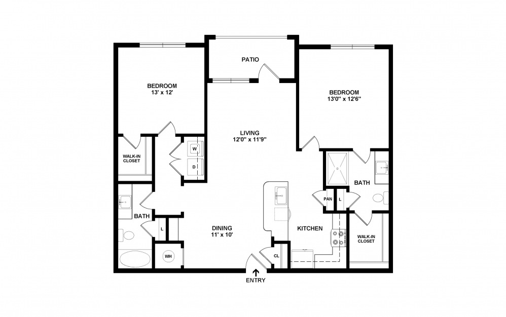 B1 - 2 bedroom floorplan layout with 2 baths and 1097 square feet. (2D)