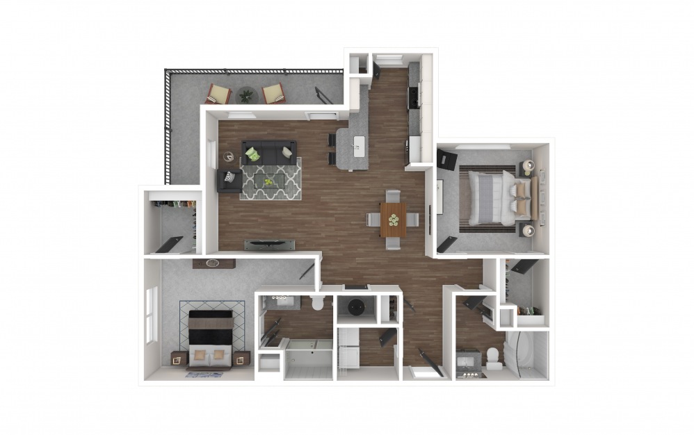 B3 - 2 bedroom floorplan layout with 2 baths and 1218 square feet. (3D Furnished)