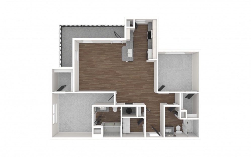 B3 - 2 bedroom floorplan layout with 2 baths and 1218 square feet. (3D Unfurnished)