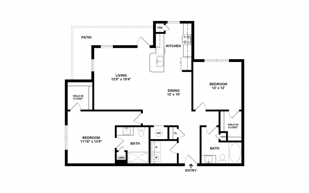 B3 - 2 bedroom floorplan layout with 2 baths and 1218 square feet. (2D)