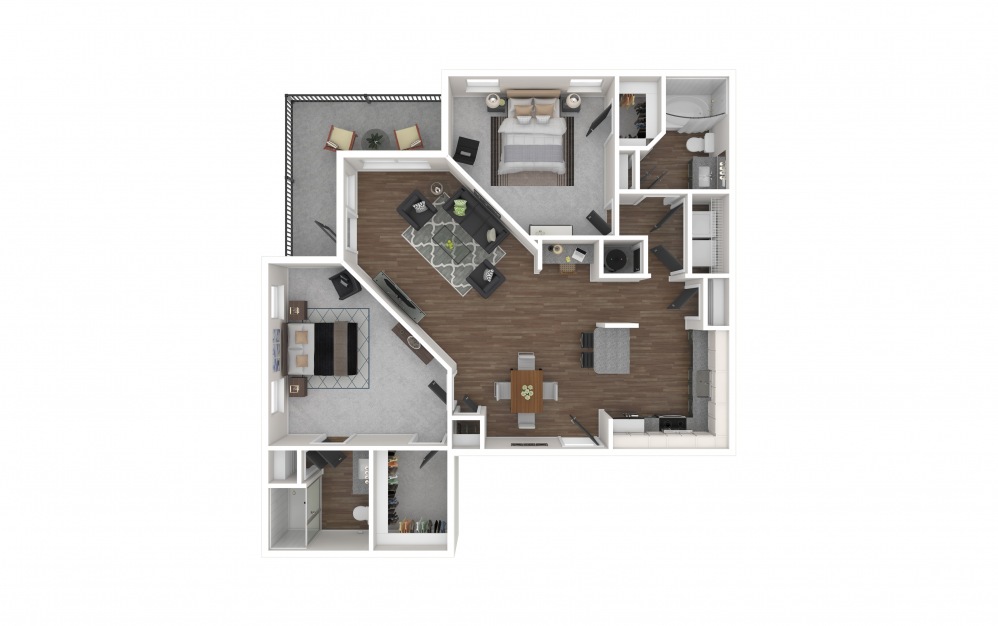 B4 - 2 bedroom floorplan layout with 2 baths and 1279 square feet. (3D Furnished)