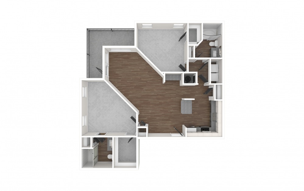 B4 - 2 bedroom floorplan layout with 2 baths and 1279 square feet. (3D Unfurnished)