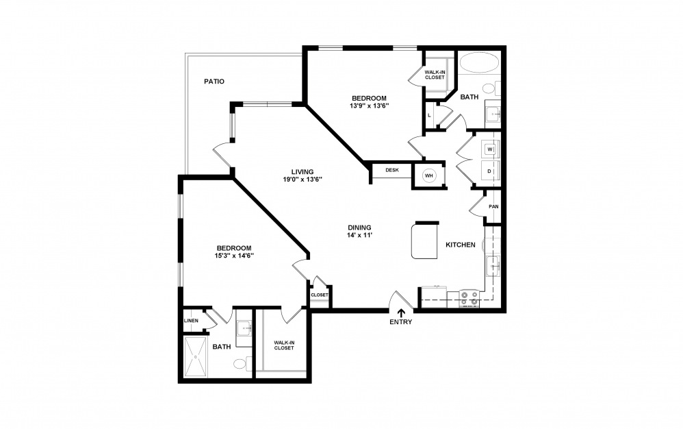 B4 - 2 bedroom floorplan layout with 2 baths and 1279 square feet. (2D)