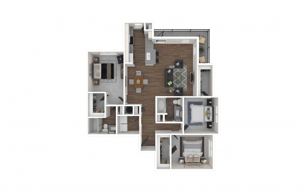 C1 - 3 bedroom floorplan layout with 2 baths and 1469 square feet. (3D Furnished)