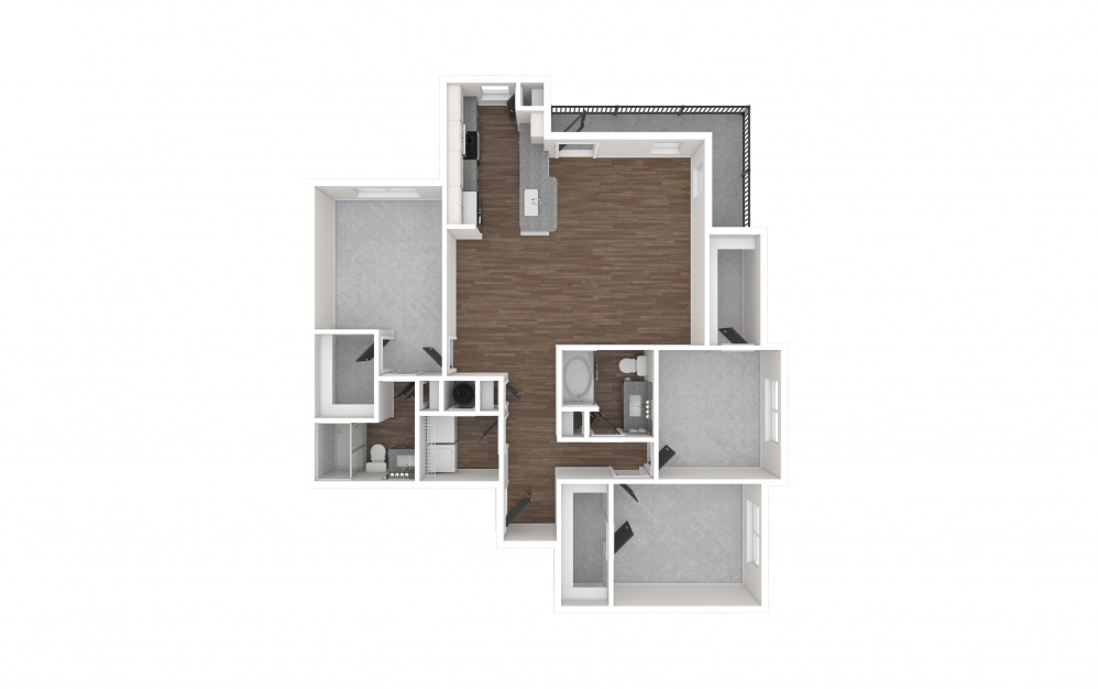 C1 - 3 bedroom floorplan layout with 2 baths and 1469 square feet. (3D Unfurnished)