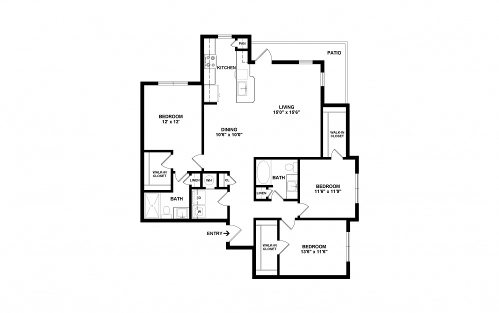 C1 - 3 bedroom floorplan layout with 2 baths and 1469 square feet. (2D)